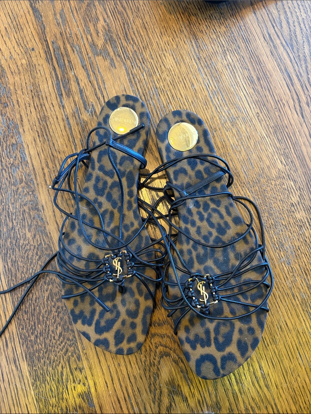 Saint Laurent Babylone Leopard-Print Lace-Up Sandals with Gold Logo
